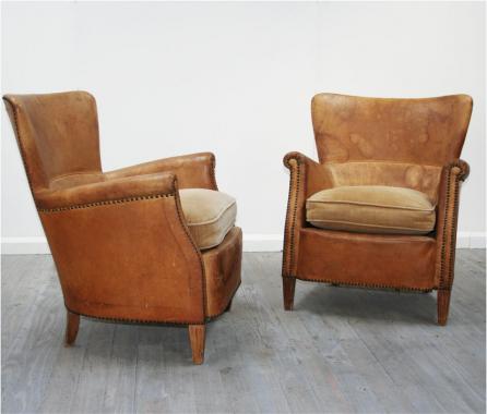 French 1940's Leather Club Chairs