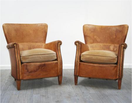 French 1940's Leather Club Chairs